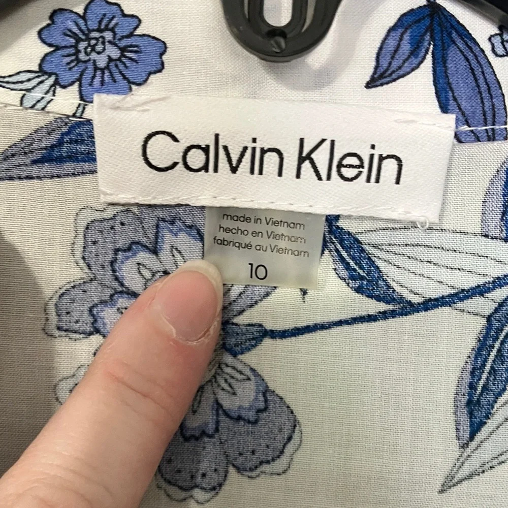 Calvin Klein White Midi Shirt Dress with Blue Floral Print - Picture 2 of 8